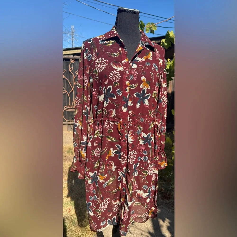 Zara Basic Collection Maroon Floral Sheer Shirt Dress Button Down Kimono,Medium